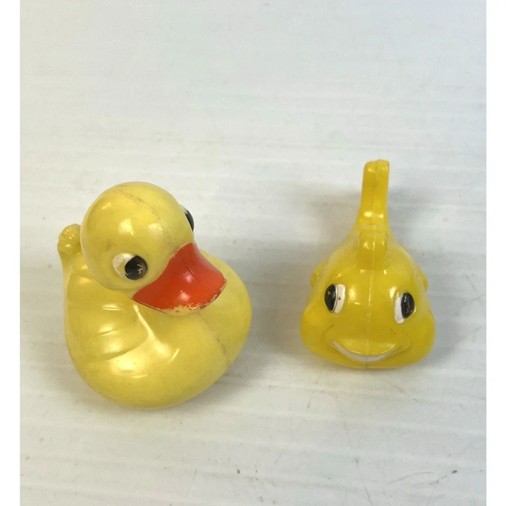 Duck and Fish Plastic Baby Rattle and Tub Toy Vintage MCM 50's / 60's Yellow